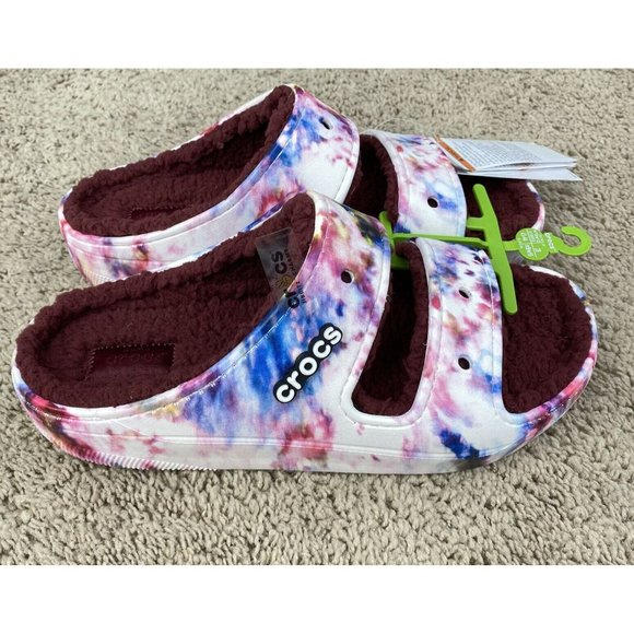 Crocs Classic Cozy Sandals Tie Dye Garnet Slip On Warm Fuzzy Unisex M10 W12 NWT - Picture 5 of 10